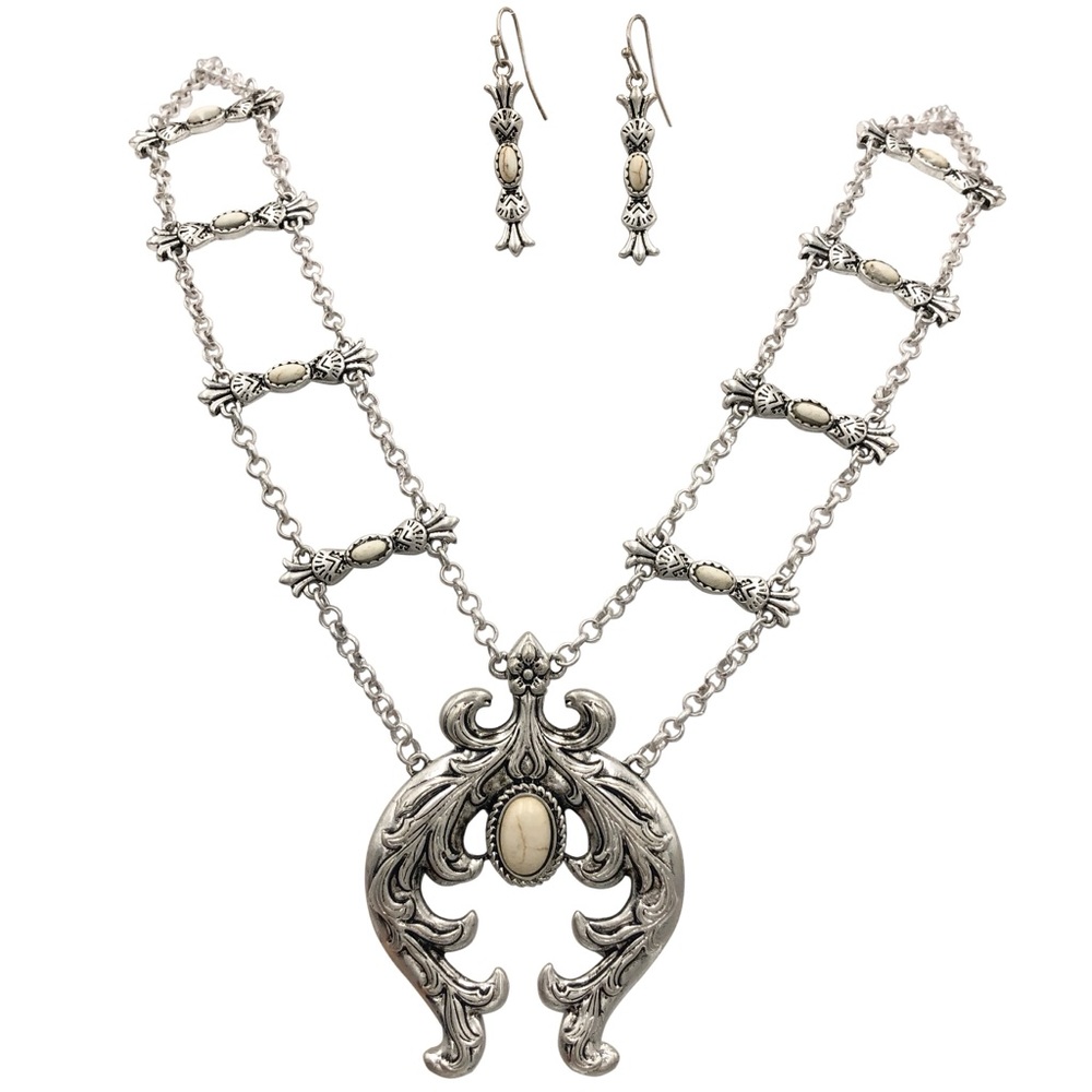 Squash Blossom Ivory Stone Necklace Earrings Set